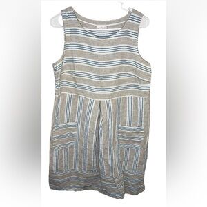 J. Jill Love Linen Striped Sleeveless Empire Waist Dress Front Pockets Size M
